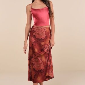 Lulus Sleek Proposition Rust Floral Satin Bow Midi Skirt Red - Size XL
